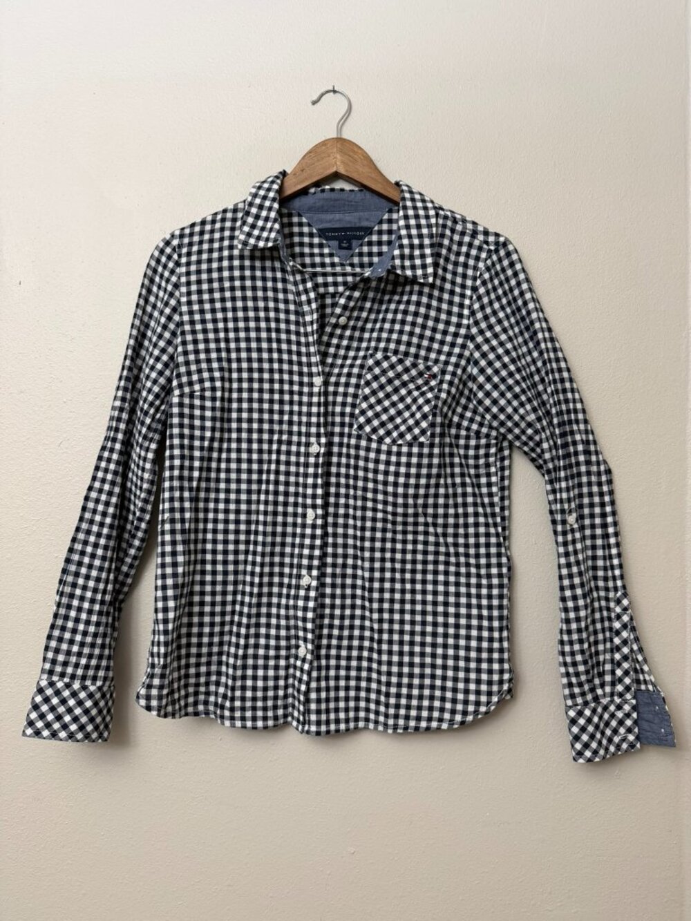 Tommy Hilfiger Blue White Gingham Cotton Button Up Blouse Medium